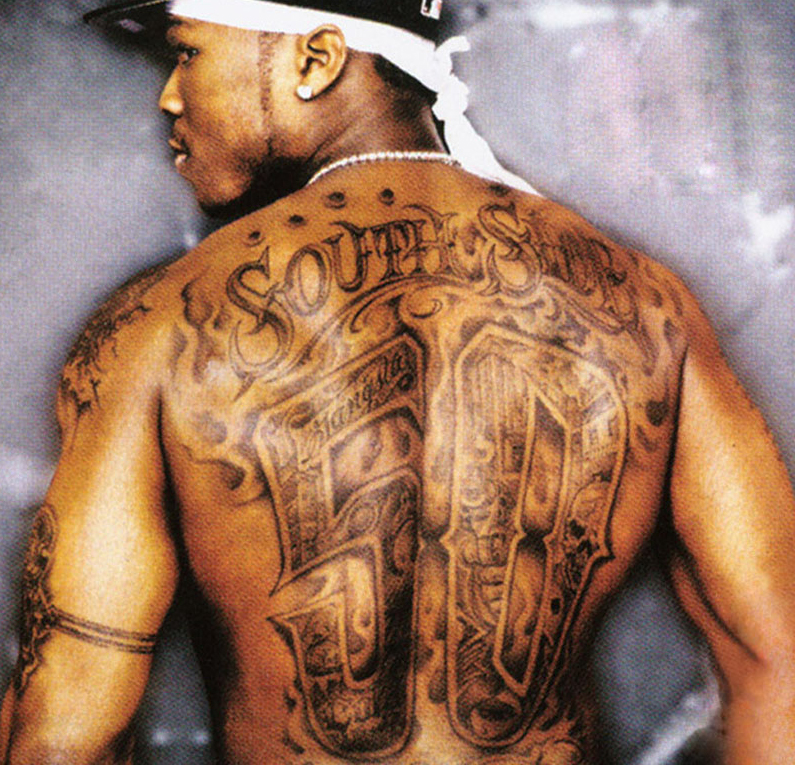 50-cents-tattoos-large-50-on-the-back-southside - Famous Rapper 50 Cents Tattoos Pictures and Meanings